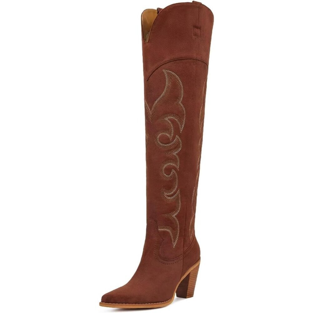 Women Over Knee Reddish Faux Leather Pull On Tab Chunky Heel Pointed Toe Boots
